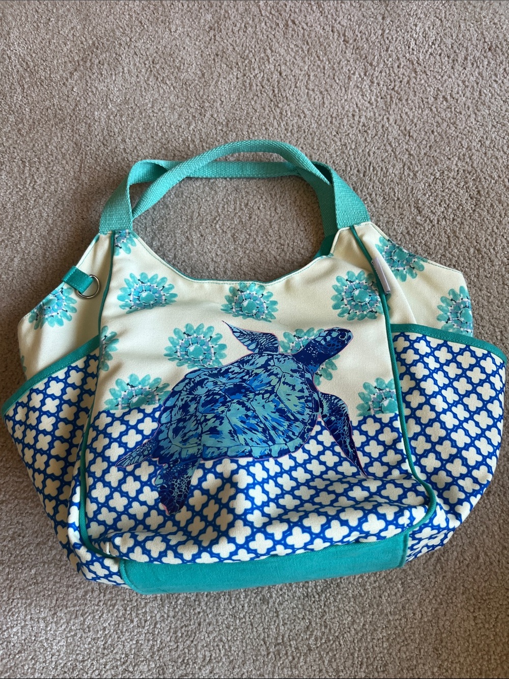 Canvas Sea Turtle Tote Bag in Teal and Blue